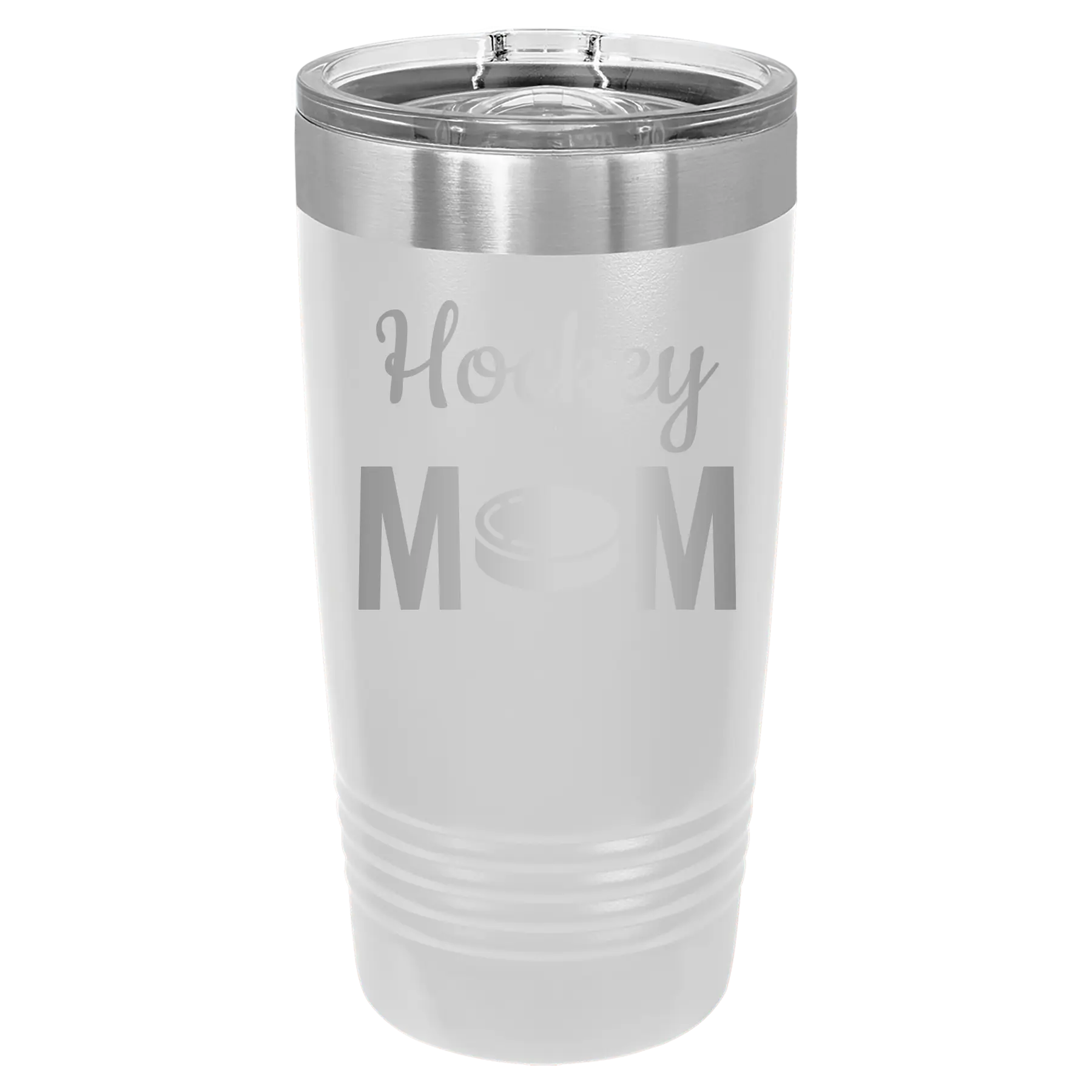 Laser etched white 20 oz vacuum insulated tumbler with 'Mom Hockey2' design