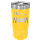 Laser etched yellow 20 oz vacuum insulated tumbler with 'Mom Hockey2' design