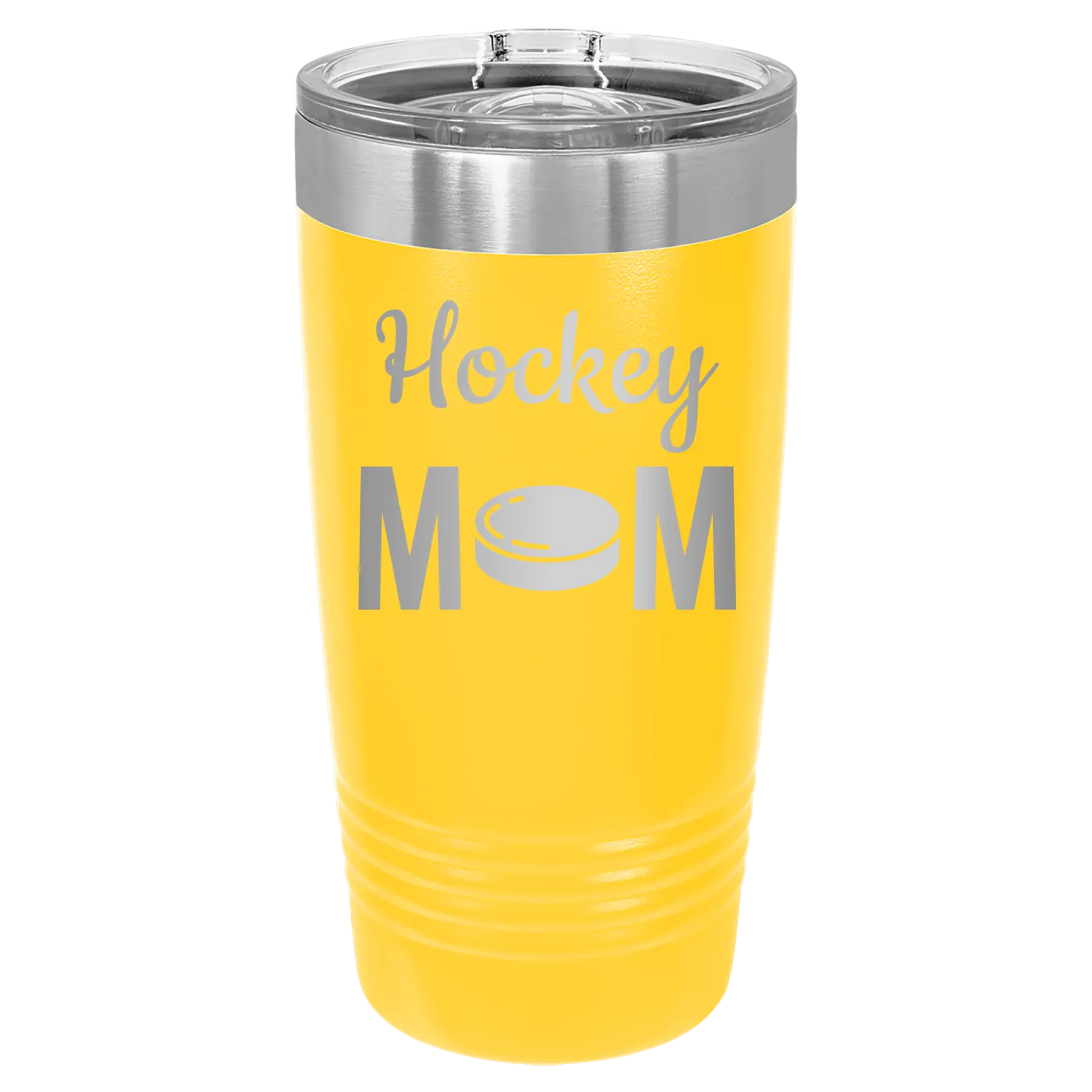 Laser etched yellow 20 oz vacuum insulated tumbler with 'Mom Hockey2' design