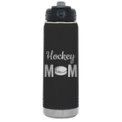 Laser etched black 20 oz vacuum insulated water bottle with 'Mom Hockey2' design
