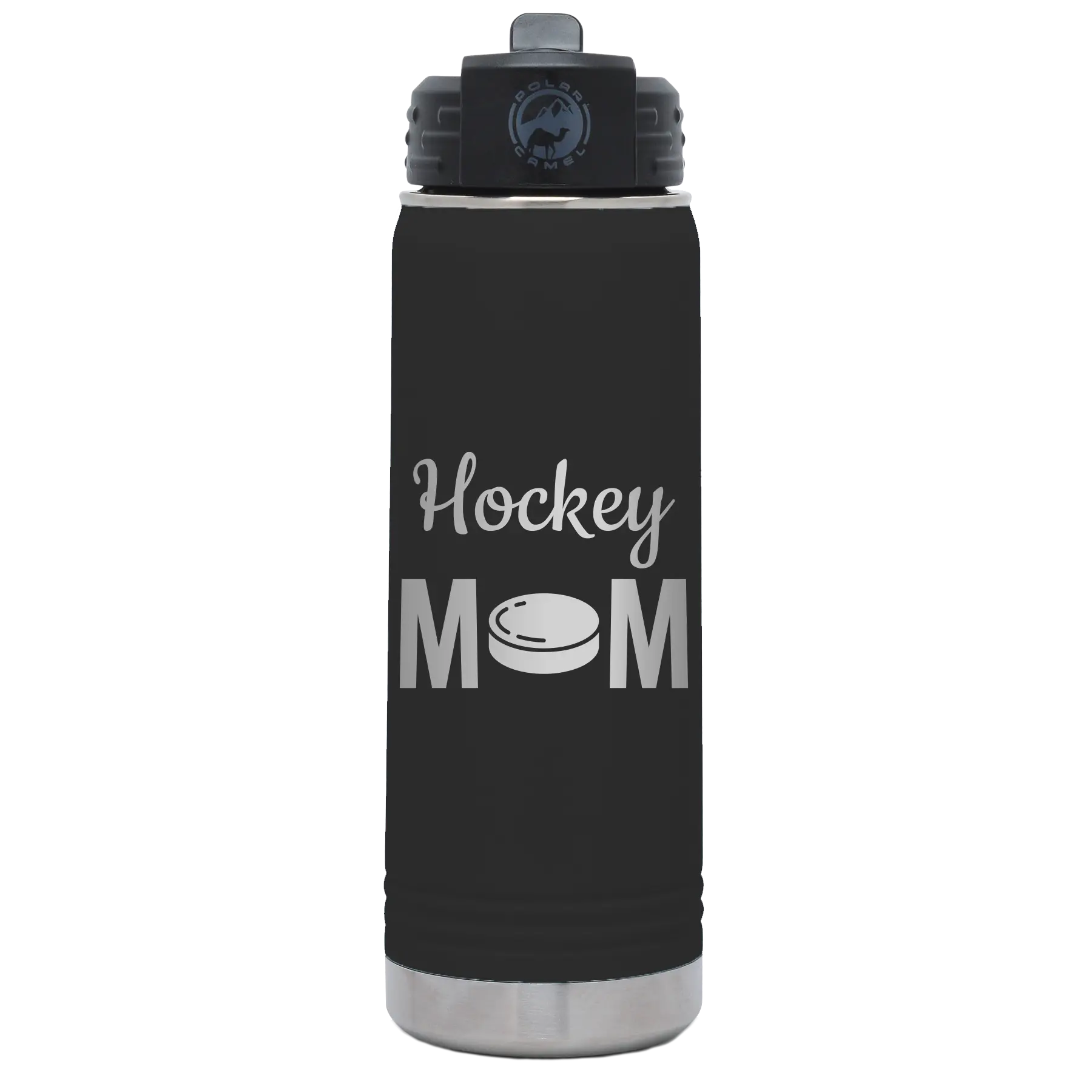 Laser etched black 20 oz vacuum insulated water bottle with 'Mom Hockey2' design