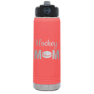 Laser etched coral 20 oz vacuum insulated water bottle with 'Mom Hockey2' design