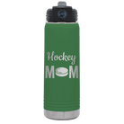 Laser etched green 20 oz vacuum insulated water bottle with 'Mom Hockey2' design