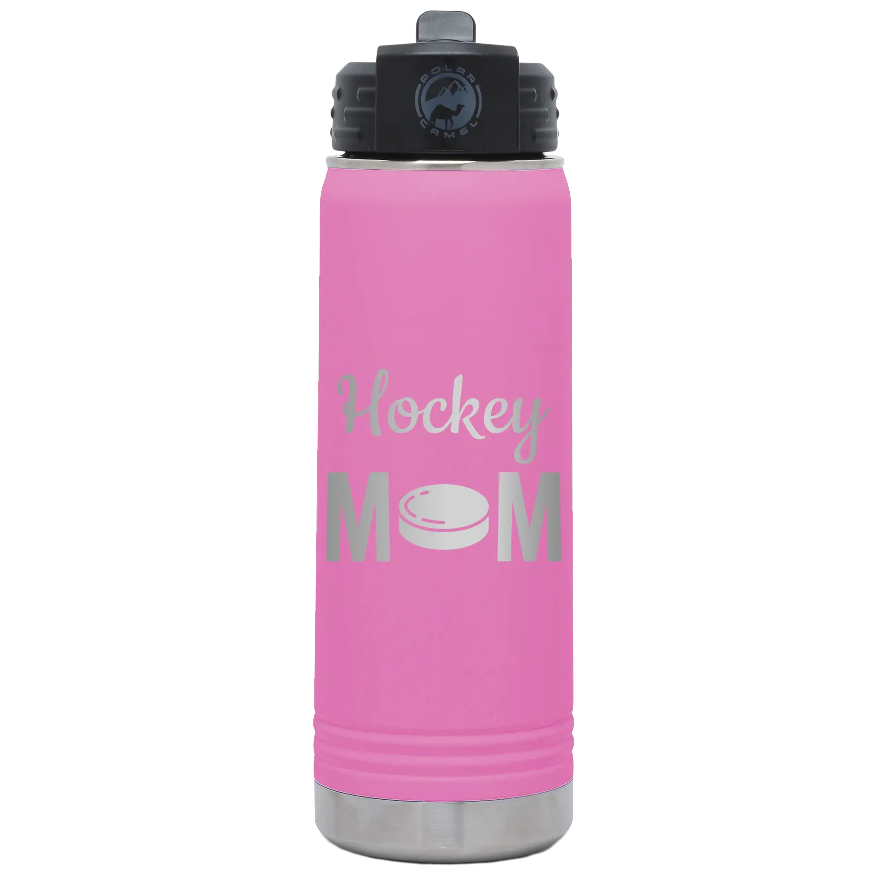 Laser etched light purple 20 oz vacuum insulated water bottle with 'Mom Hockey2' design