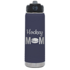 Laser etched navy 20 oz vacuum insulated water bottle with 'Mom Hockey2' design
