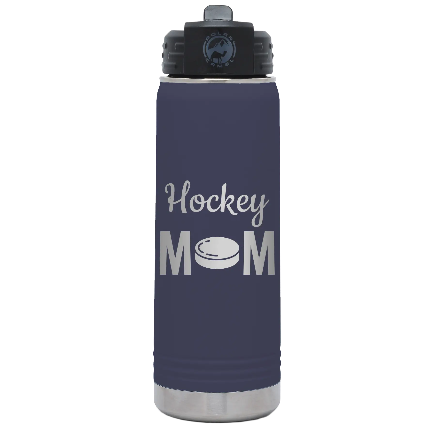 Laser etched navy 20 oz vacuum insulated water bottle with 'Mom Hockey2' design