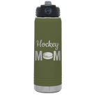 Laser etched olive green 20 oz vacuum insulated water bottle with 'Mom Hockey2' design
