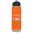 Laser etched orange 20 oz vacuum insulated water bottle with 'Mom Hockey2' design