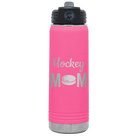 Laser etched pink 20 oz vacuum insulated water bottle with 'Mom Hockey2' design