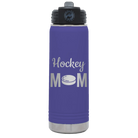 Laser etched purple 20 oz vacuum insulated water bottle with 'Mom Hockey2' design