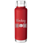 Laser etched red 24 oz vacuum insulated water bottle with 'Mom Hockey2' design