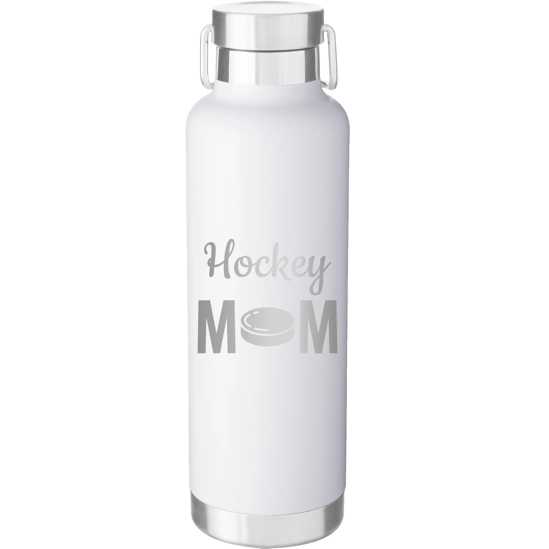 Laser etched white 24 oz vacuum insulated water bottle with 'Mom Hockey2' design