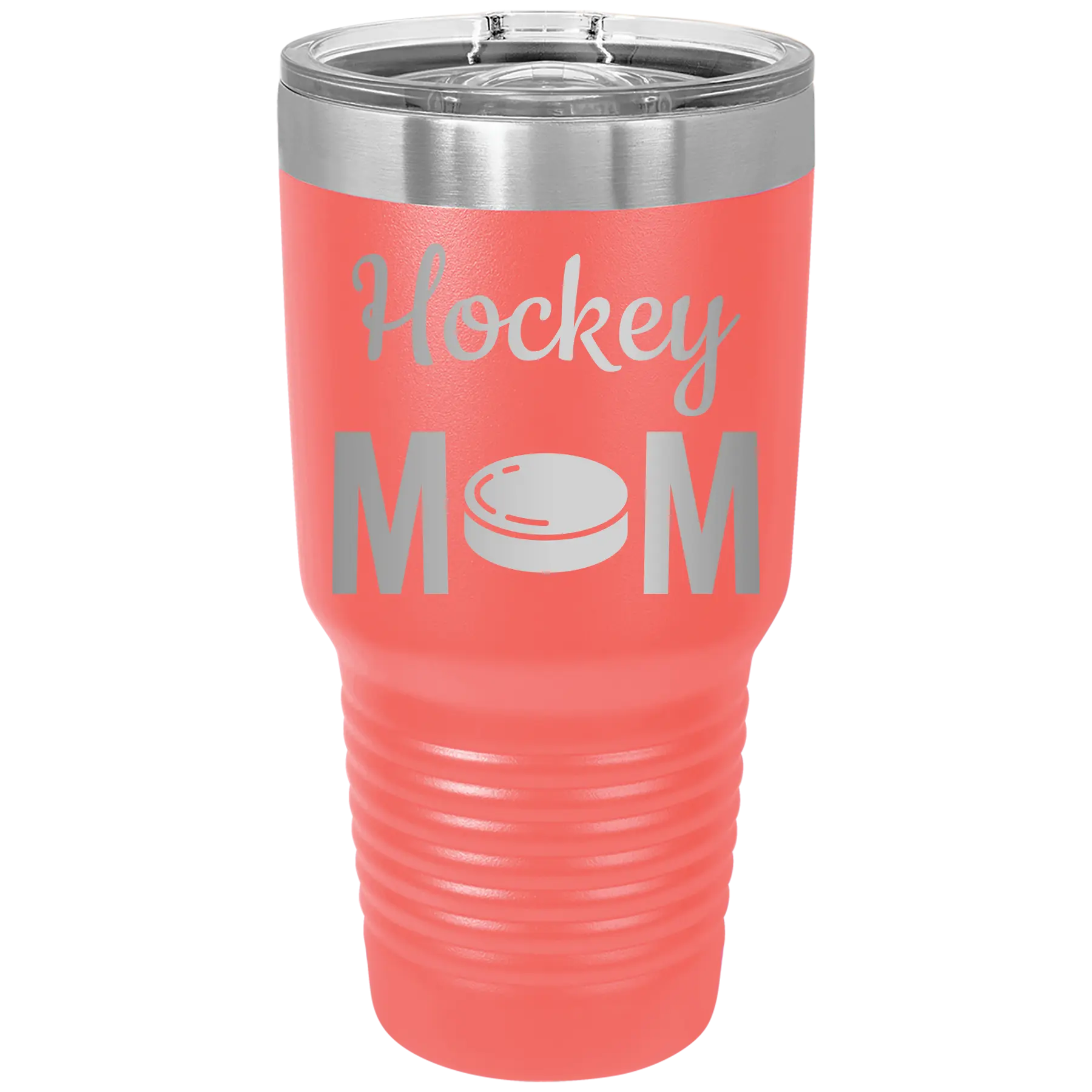 Laser etched coral 30 oz vacuum insulated tumbler with 'Mom Hockey2' design