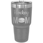 Laser etched dark gray 30 oz vacuum insulated tumbler with 'Mom Hockey2' design