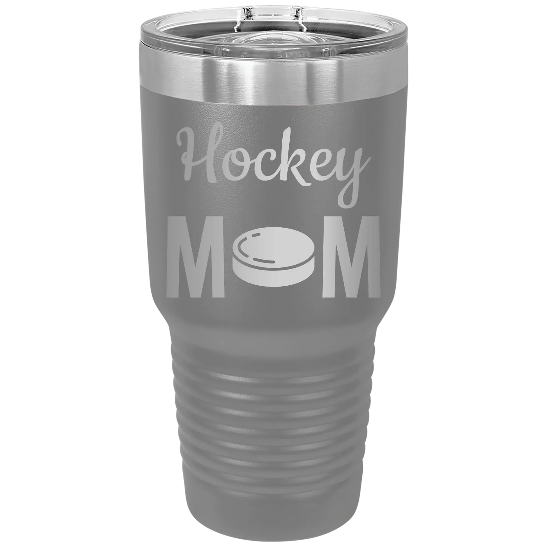 Laser etched dark gray 30 oz vacuum insulated tumbler with 'Mom Hockey2' design