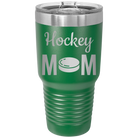 Laser etched green 30 oz vacuum insulated tumbler with 'Mom Hockey2' design