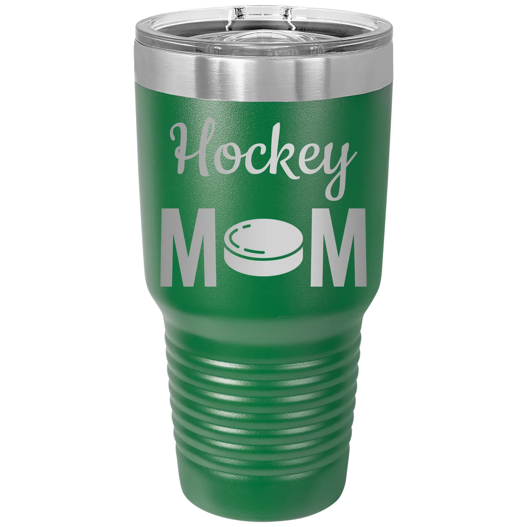 Laser etched green 30 oz vacuum insulated tumbler with 'Mom Hockey2' design