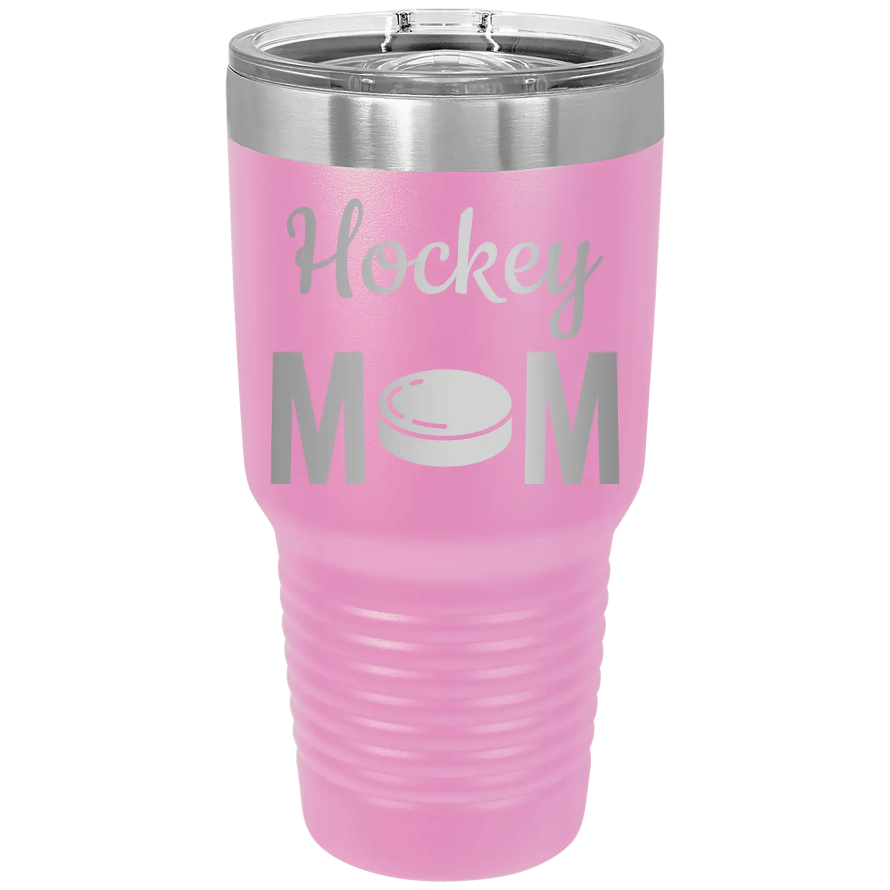 Laser etched light purple 30 oz vacuum insulated tumbler with 'Mom Hockey2' design