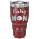 Laser etched maroon 30 oz vacuum insulated tumbler with 'Mom Hockey2' design