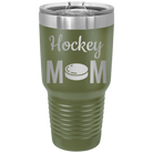 Laser etched olive green 30 oz vacuum insulated tumbler with 'Mom Hockey2' design