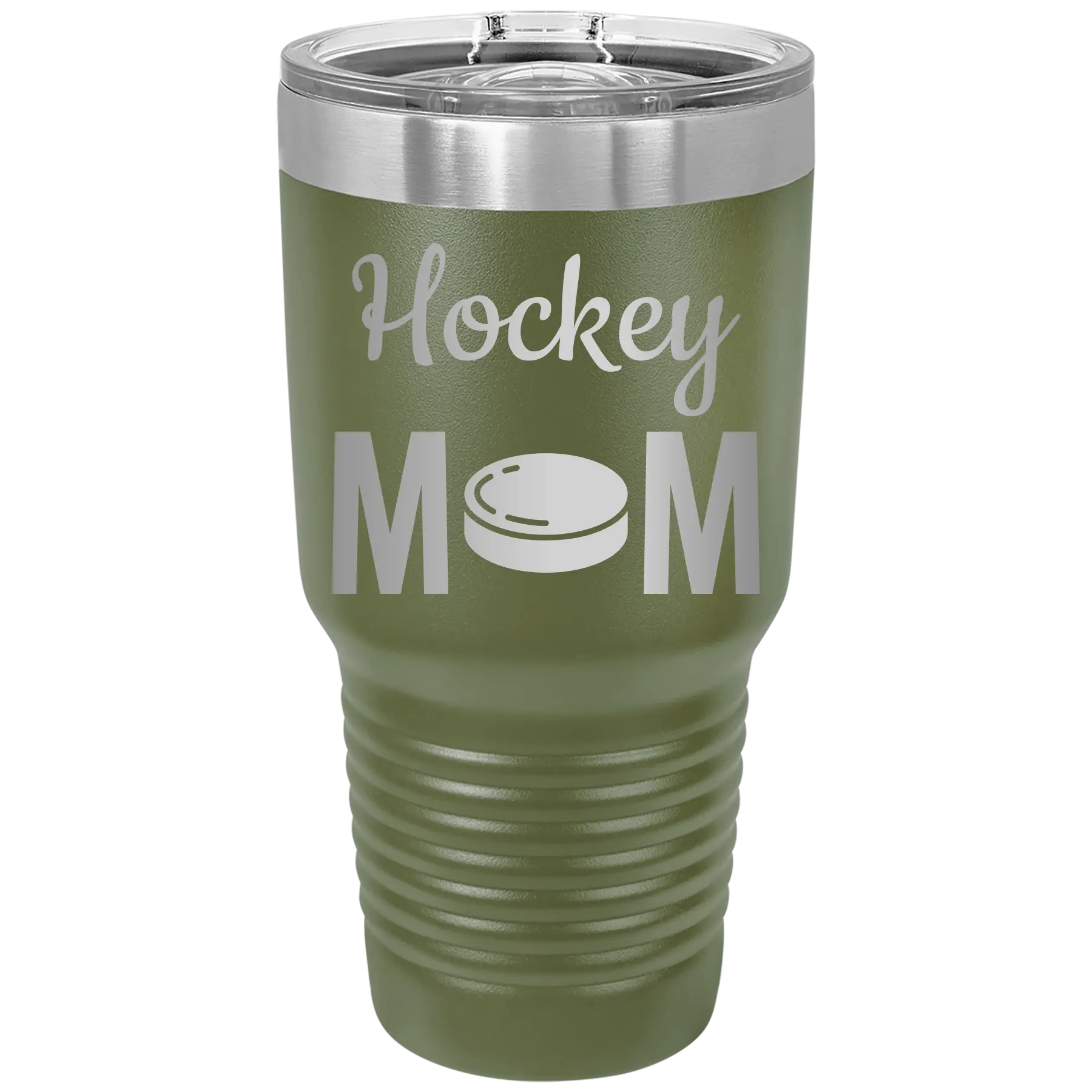 Laser etched olive green 30 oz vacuum insulated tumbler with 'Mom Hockey2' design