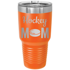 Laser etched orange 30 oz vacuum insulated tumbler with 'Mom Hockey2' design