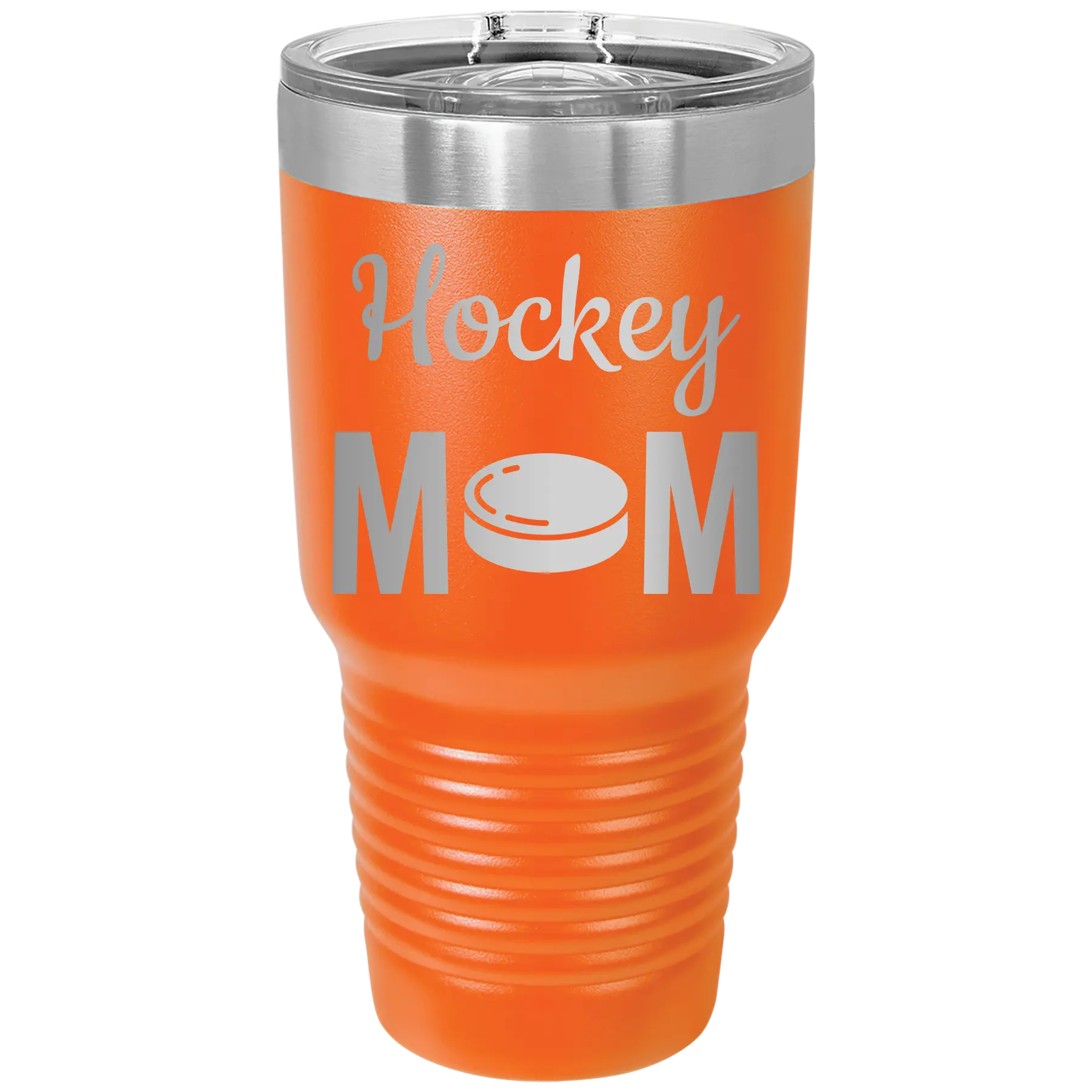 Laser etched orange 30 oz vacuum insulated tumbler with 'Mom Hockey2' design