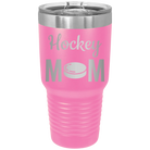 Laser etched pink 30 oz vacuum insulated tumbler with 'Mom Hockey2' design