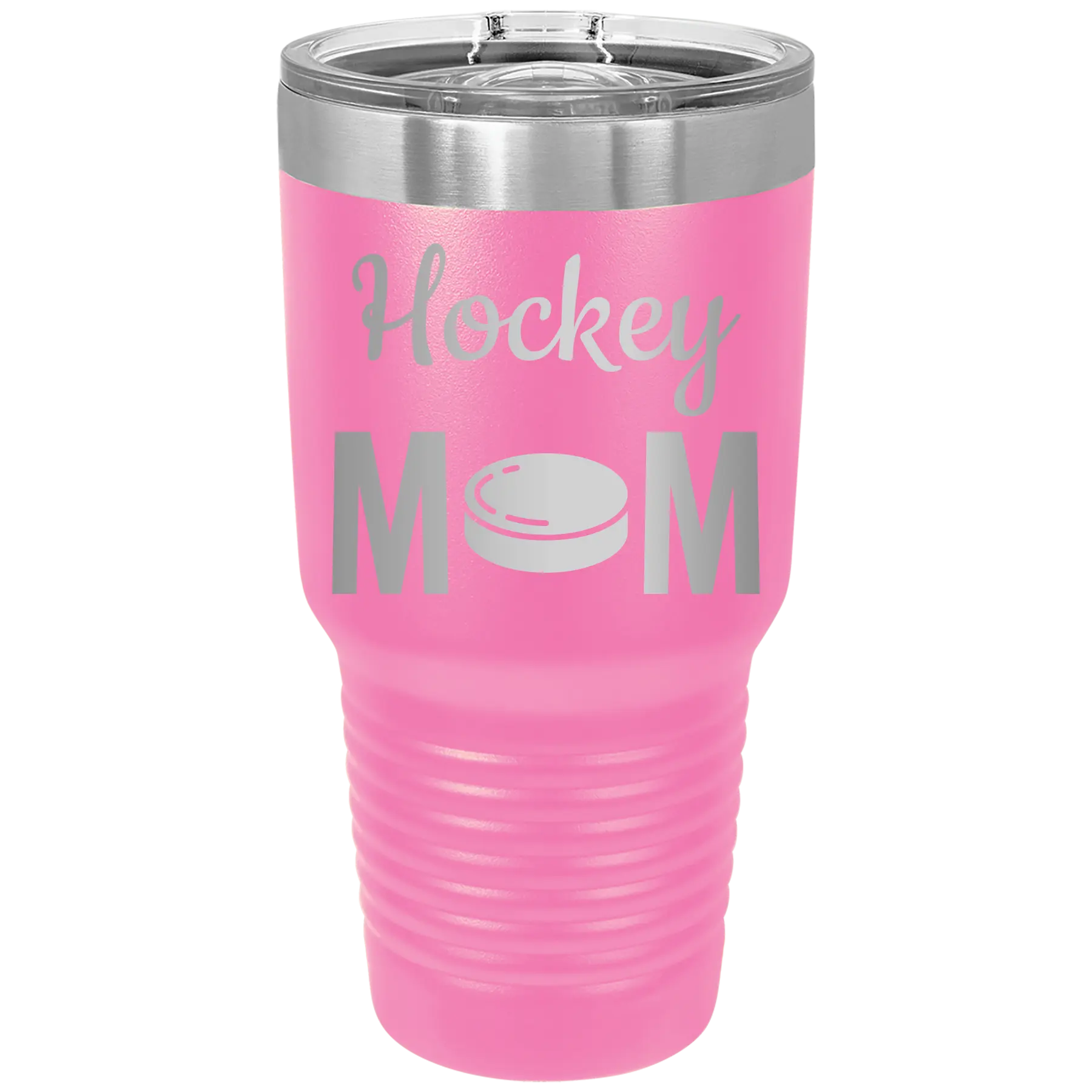 Laser etched pink 30 oz vacuum insulated tumbler with 'Mom Hockey2' design
