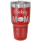 Laser etched red 30 oz vacuum insulated tumbler with 'Mom Hockey2' design