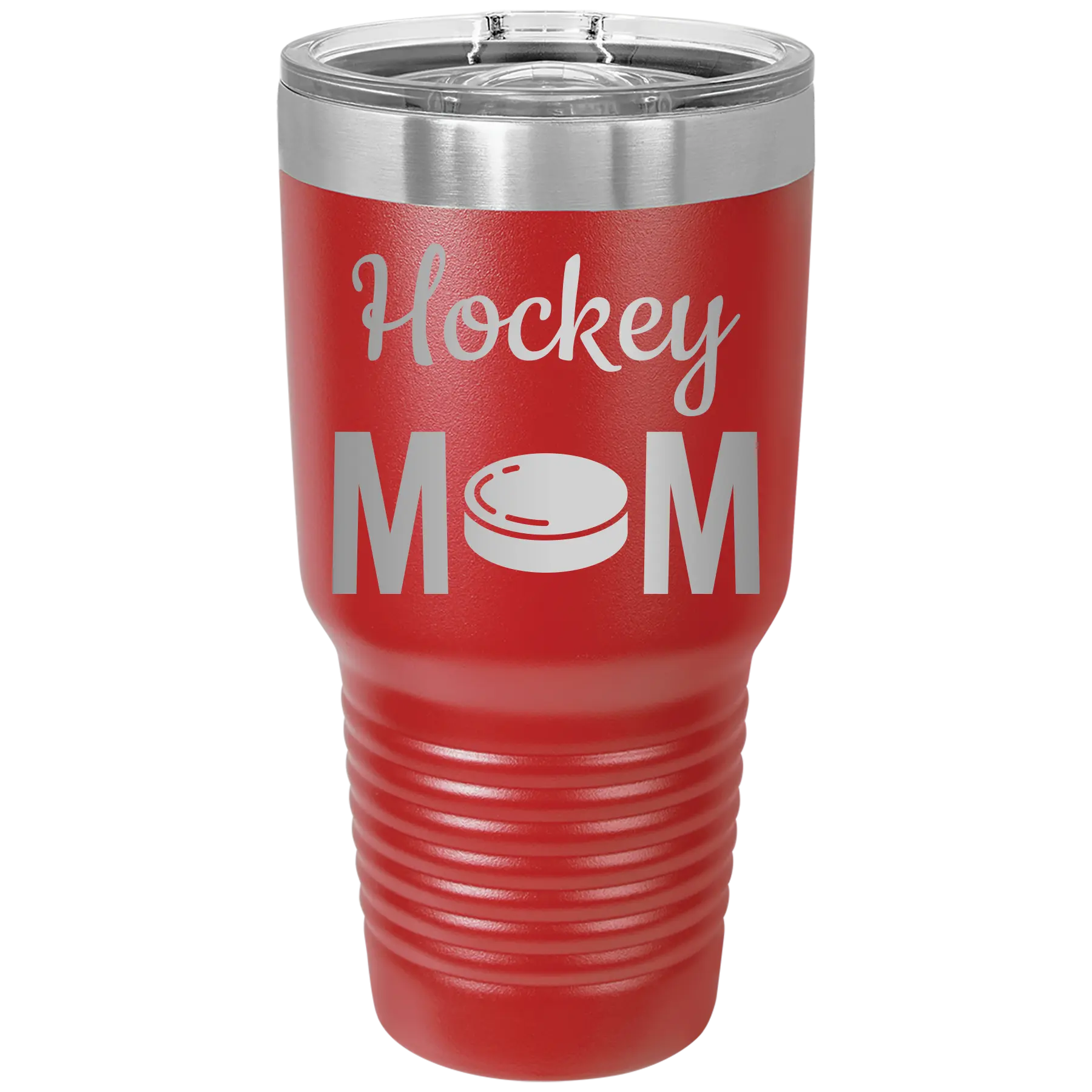 Laser etched red 30 oz vacuum insulated tumbler with 'Mom Hockey2' design