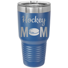 Laser etched royal blue 30 oz vacuum insulated tumbler with 'Mom Hockey2' design