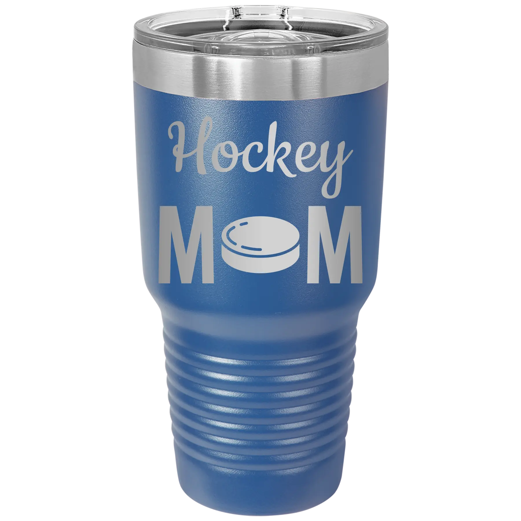 Laser etched royal blue 30 oz vacuum insulated tumbler with 'Mom Hockey2' design