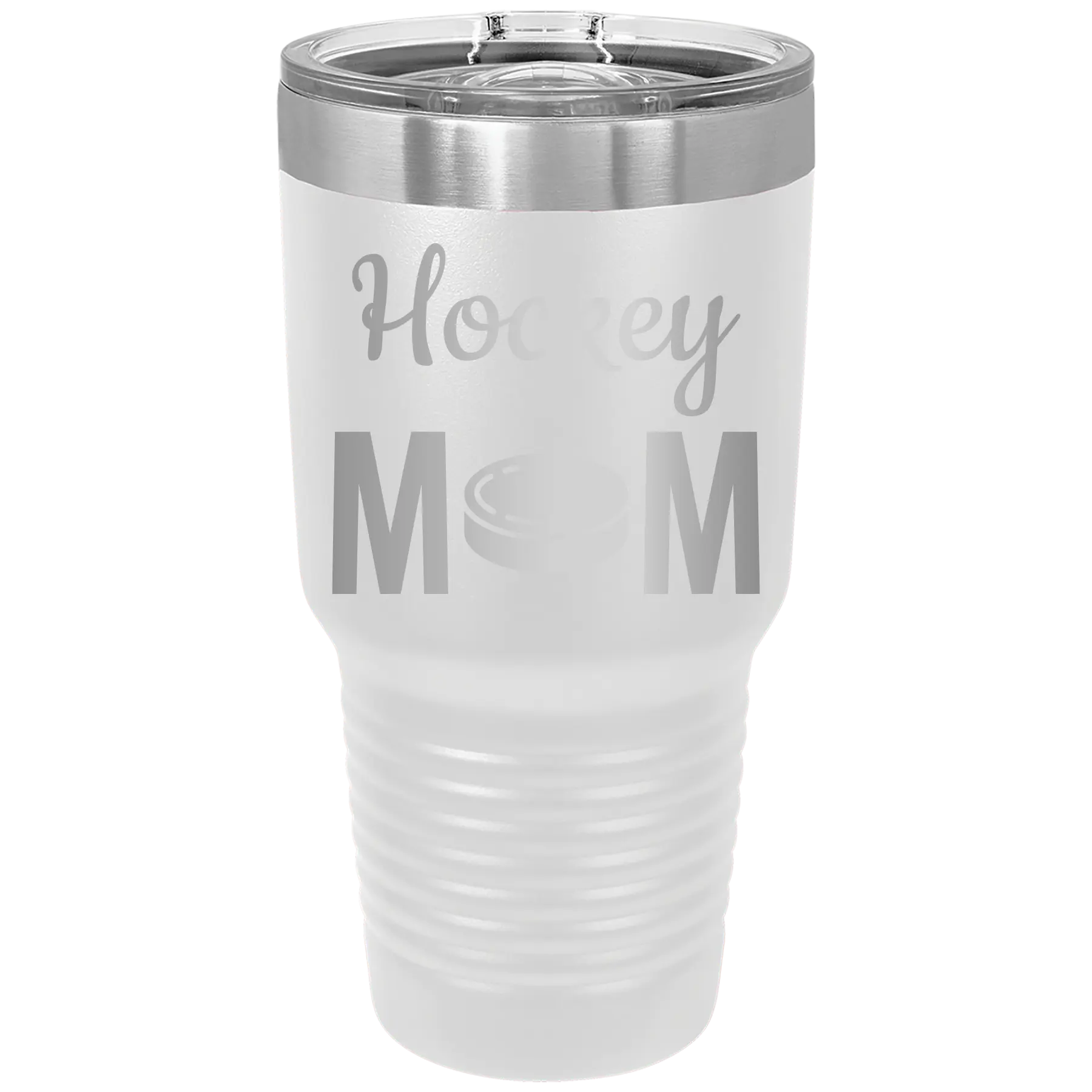 Laser etched white 30 oz vacuum insulated tumbler with 'Mom Hockey2' design