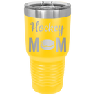 Laser etched yellow 30 oz vacuum insulated tumbler with 'Mom Hockey2' design