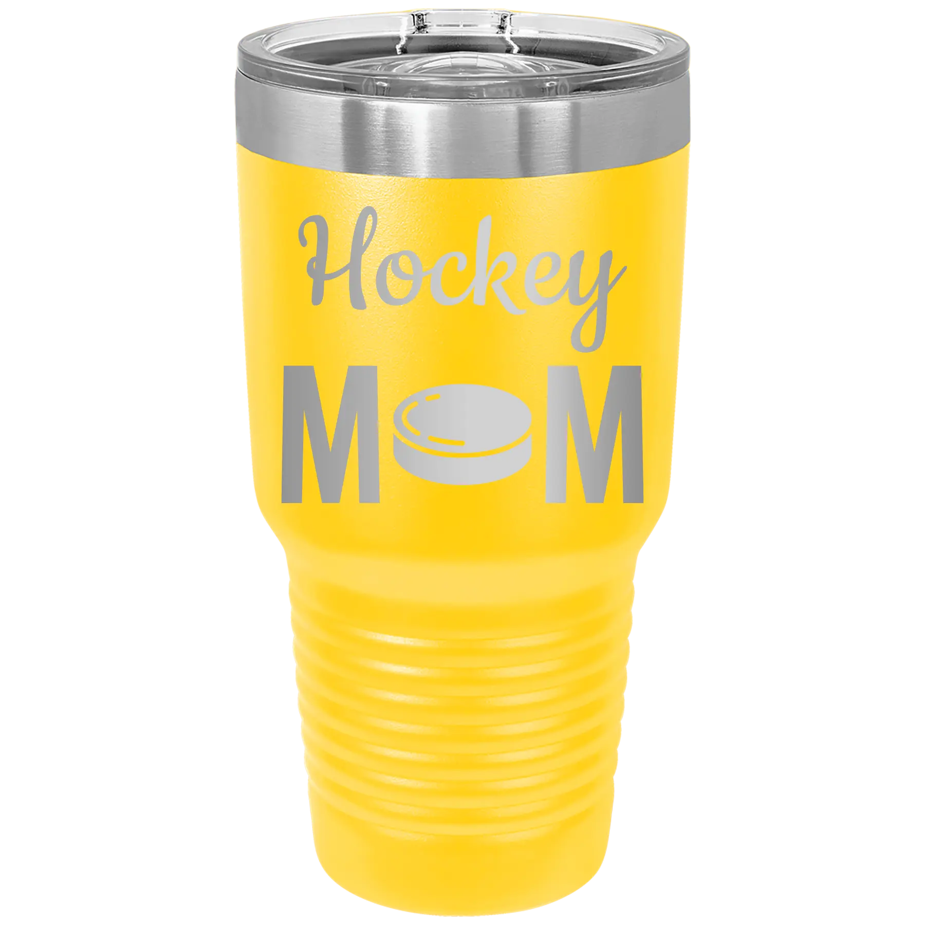 Laser etched yellow 30 oz vacuum insulated tumbler with 'Mom Hockey2' design