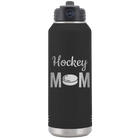 Laser etched black 32 oz vacuum insulated water bottle with 'Mom Hockey2' design