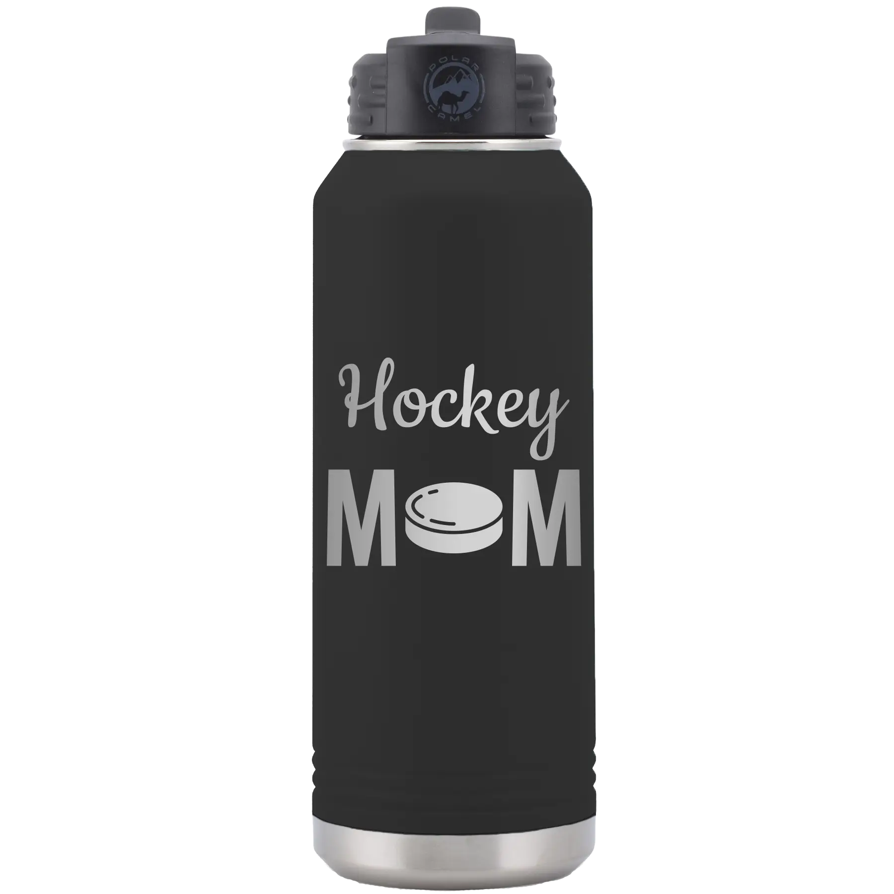 Laser etched black 32 oz vacuum insulated water bottle with 'Mom Hockey2' design