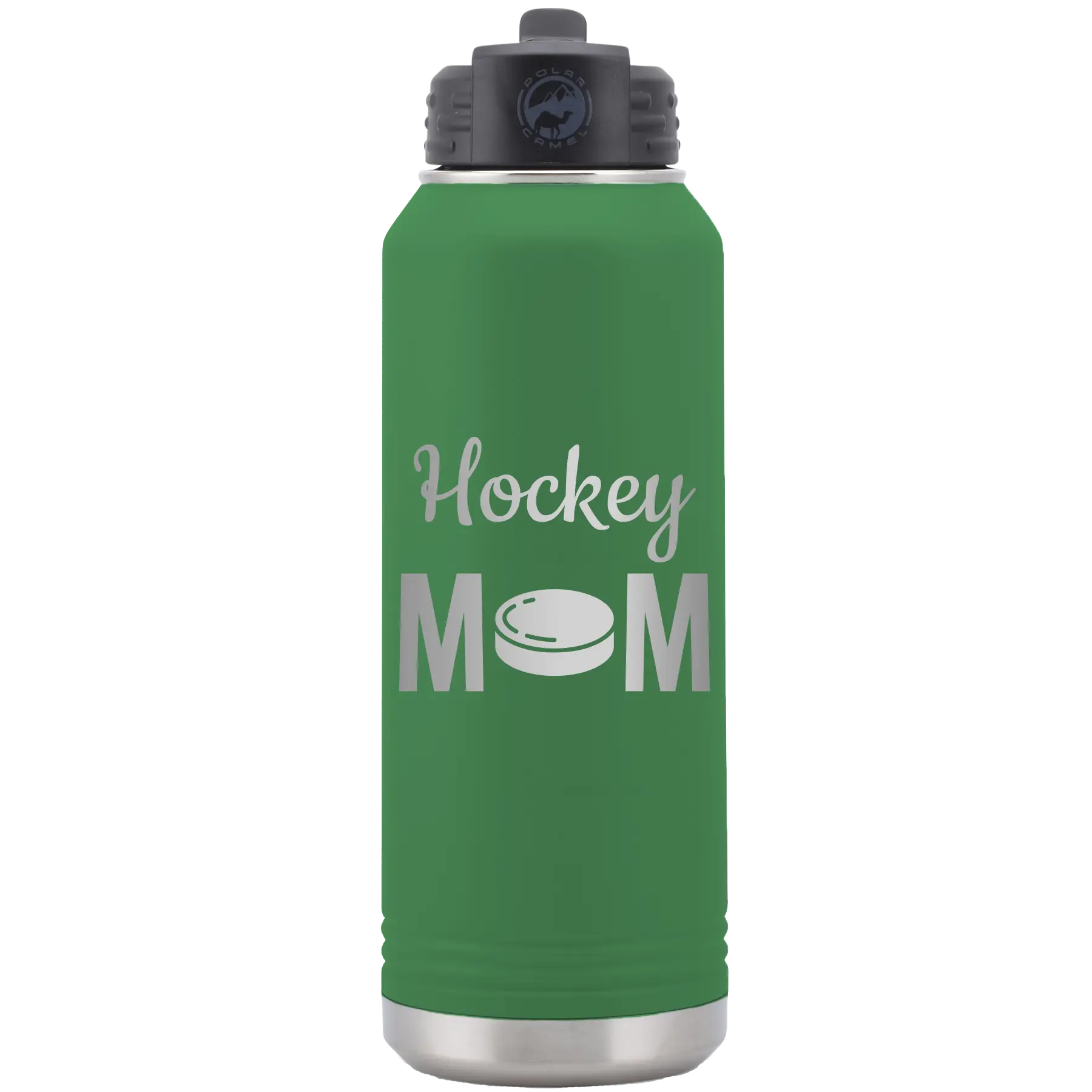 Laser etched green 32 oz vacuum insulated water bottle with 'Mom Hockey2' design