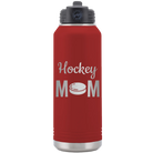 Laser etched maroon 32 oz vacuum insulated water bottle with 'Mom Hockey2' design