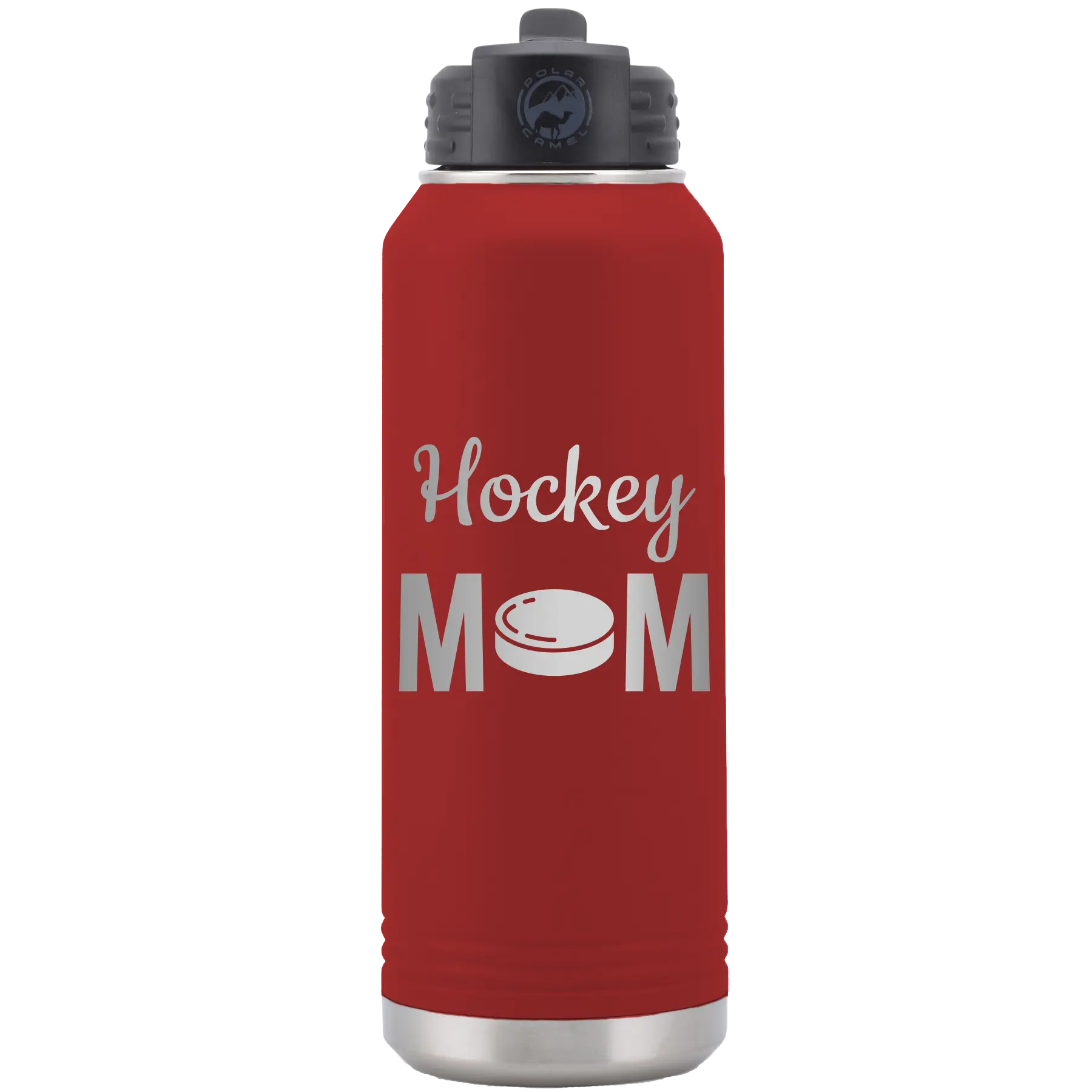 Laser etched maroon 32 oz vacuum insulated water bottle with 'Mom Hockey2' design