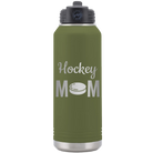 Laser etched olive green 32 oz vacuum insulated water bottle with 'Mom Hockey2' design