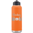 Laser etched orange 32 oz vacuum insulated water bottle with 'Mom Hockey2' design