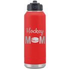 Laser etched red 32 oz vacuum insulated water bottle with 'Mom Hockey2' design