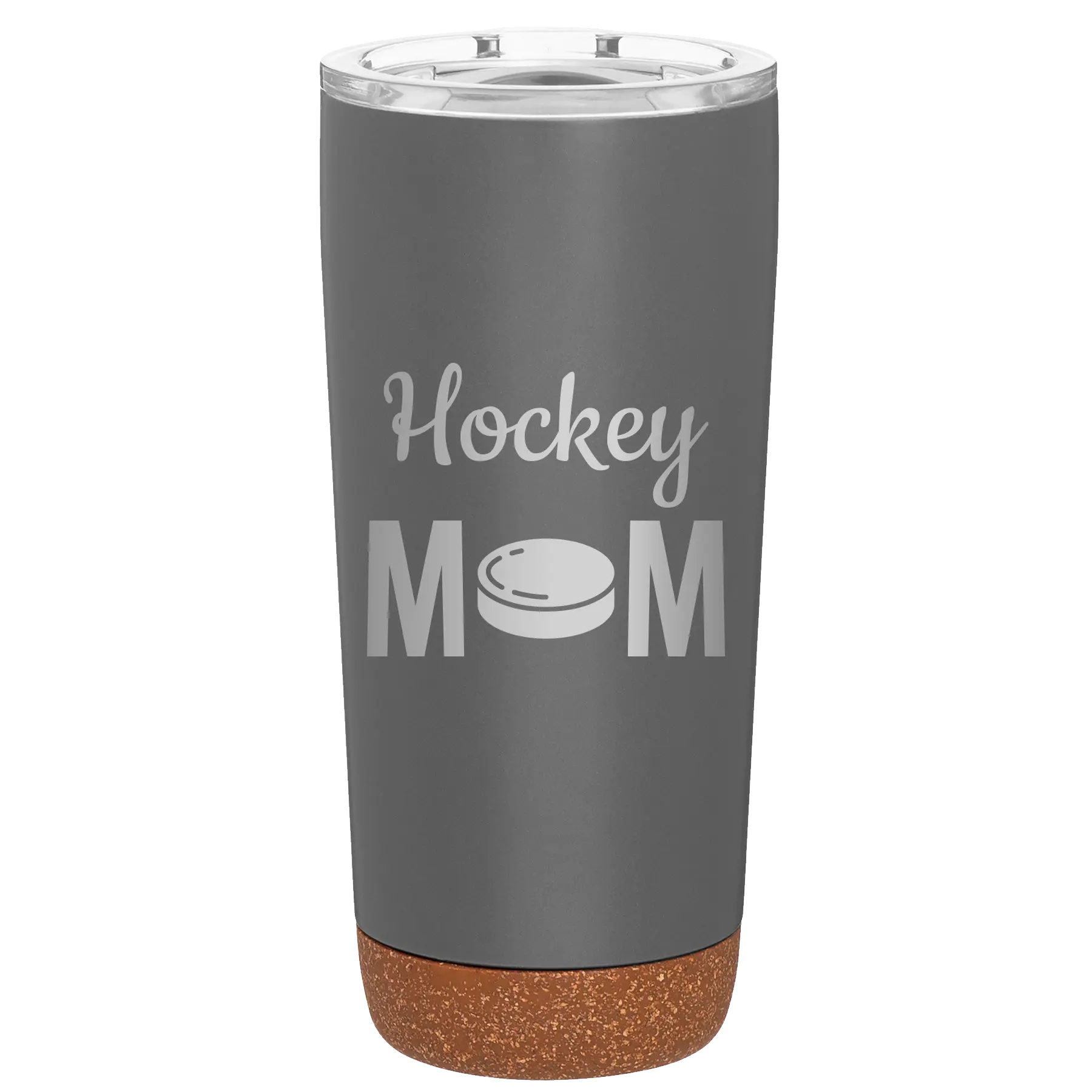 Laser etched storm gray 20 oz vacuum insulated tumbler with 'Mom Hockey2' design