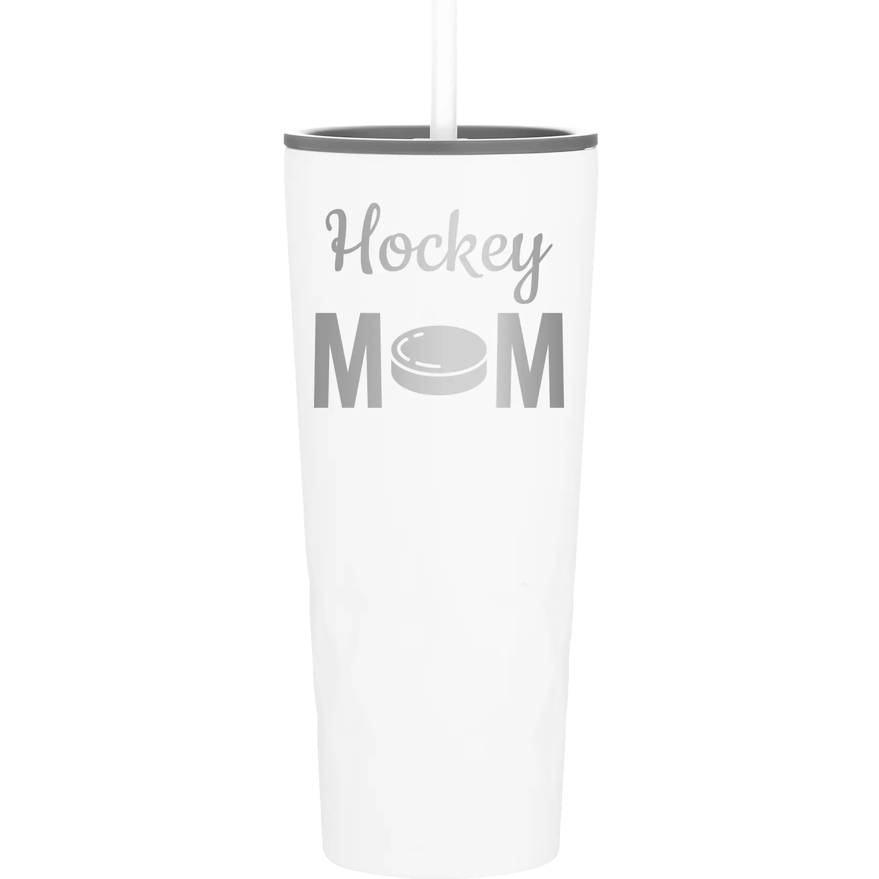 Laser etched white 20 oz vacuum insulated tumbler with 'Mom Hockey2' design