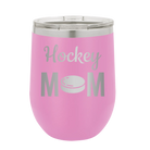 Laser etched light purple 12 oz vacuum insulated wine cup with 'Mom Hockey2' design