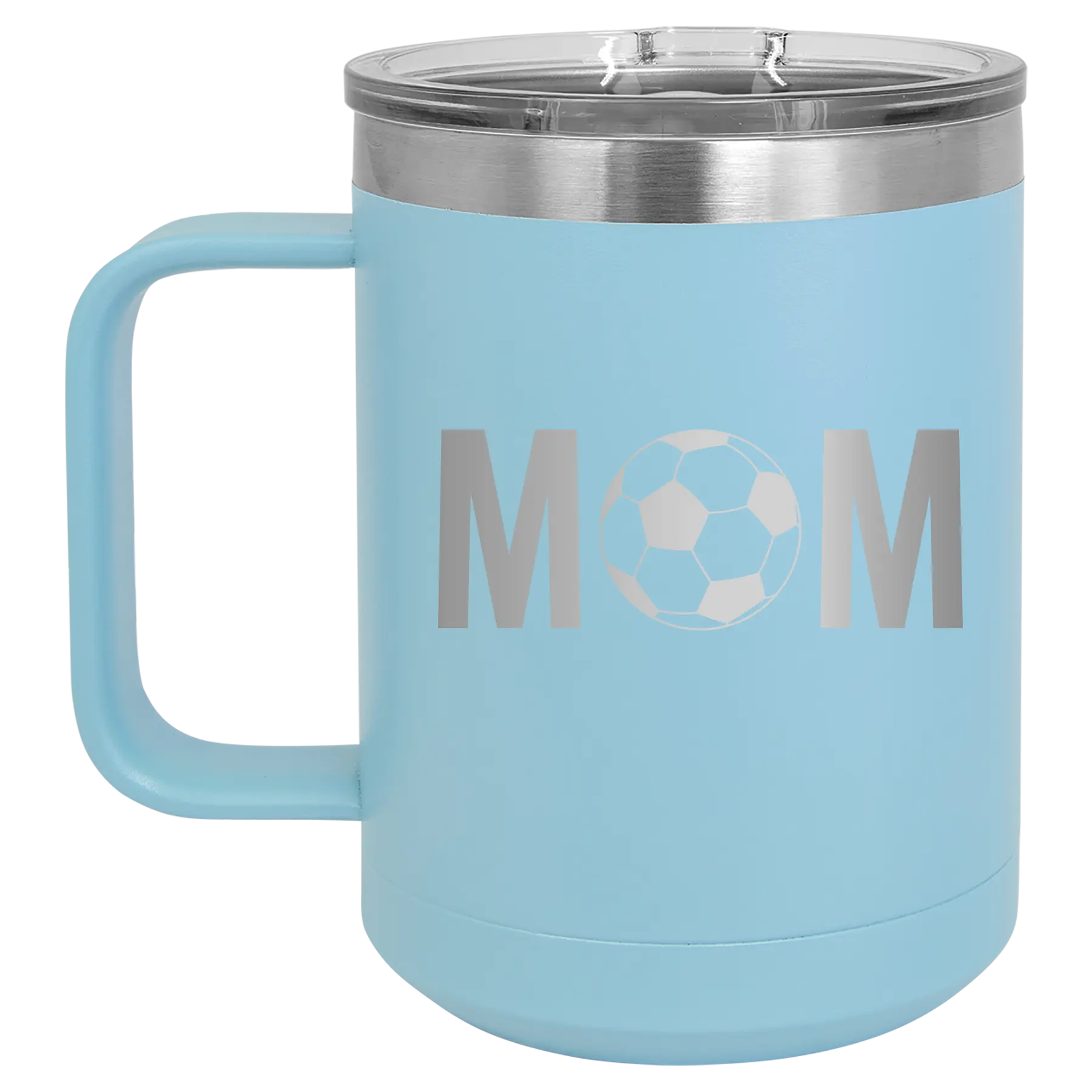 Laser etched light blue 15 oz vacuum insulated coffee mug with 'Mom Soccer' design