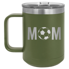 Laser etched olive green 15 oz vacuum insulated coffee mug with 'Mom Soccer' design