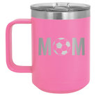Laser etched pink 15 oz vacuum insulated coffee mug with 'Mom Soccer' design